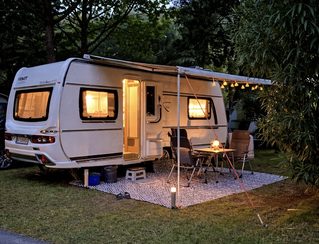 Caravan shown at night with porch. Leisure battery being charged