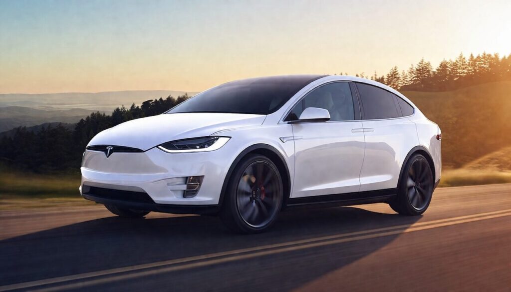 Electric white Tesla Model X driving along a mountain road with wheels in motion