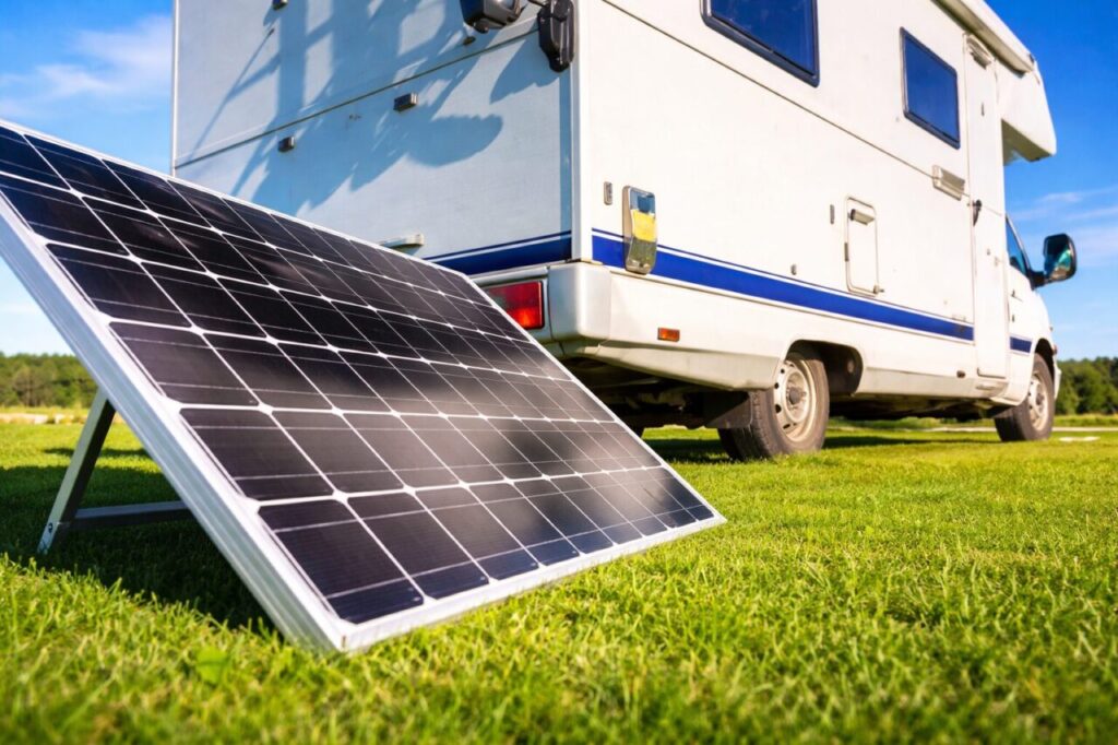 Solar panel which is charging a leisure battery in a motorhome