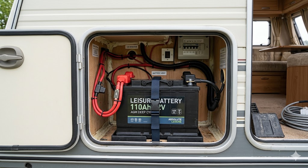 Leisure battery situated in a caravan with wires attached