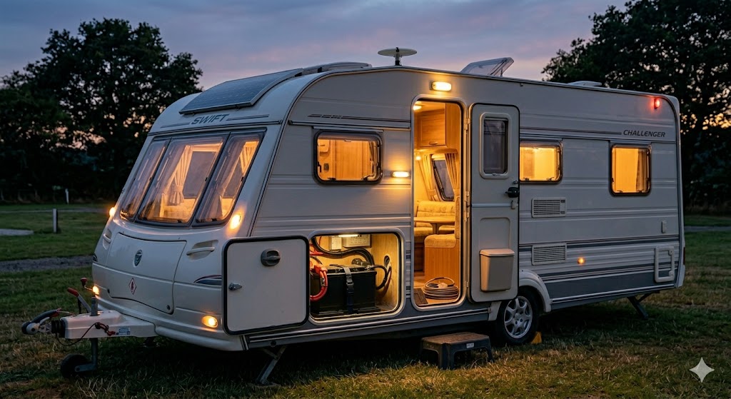 Caravan shown at night with porch. Leisure battery being charged