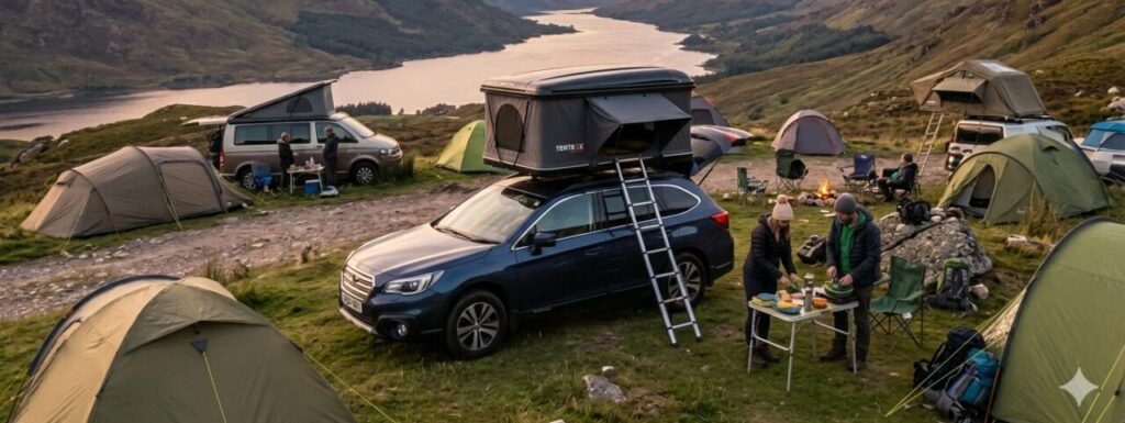 Cars at a campsite with TentBoxes on their roof