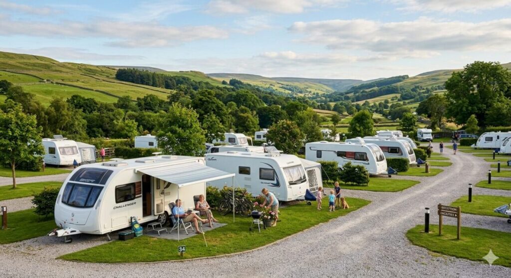 campsite featuring touring caravans and families