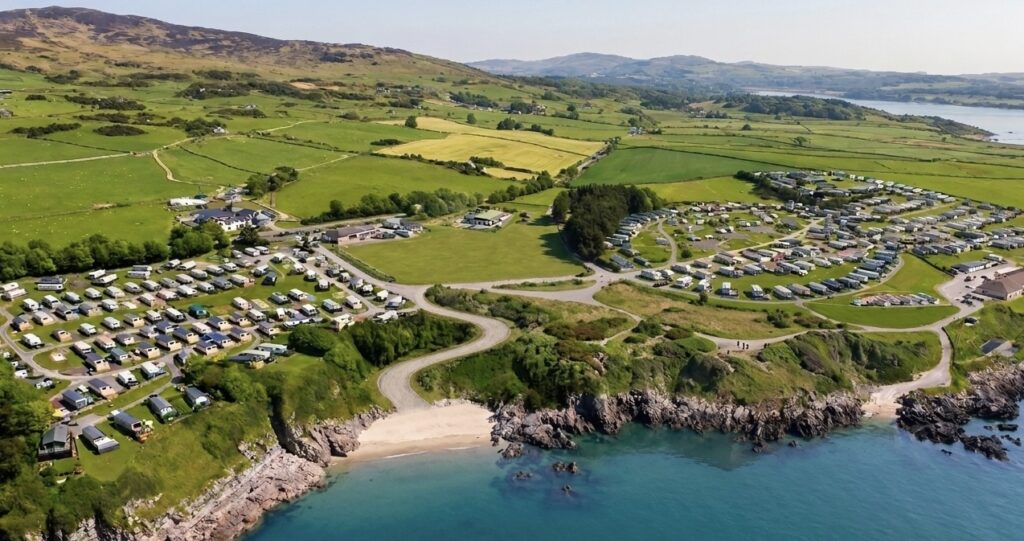 zoomed out view of a campsite next to the ocean
