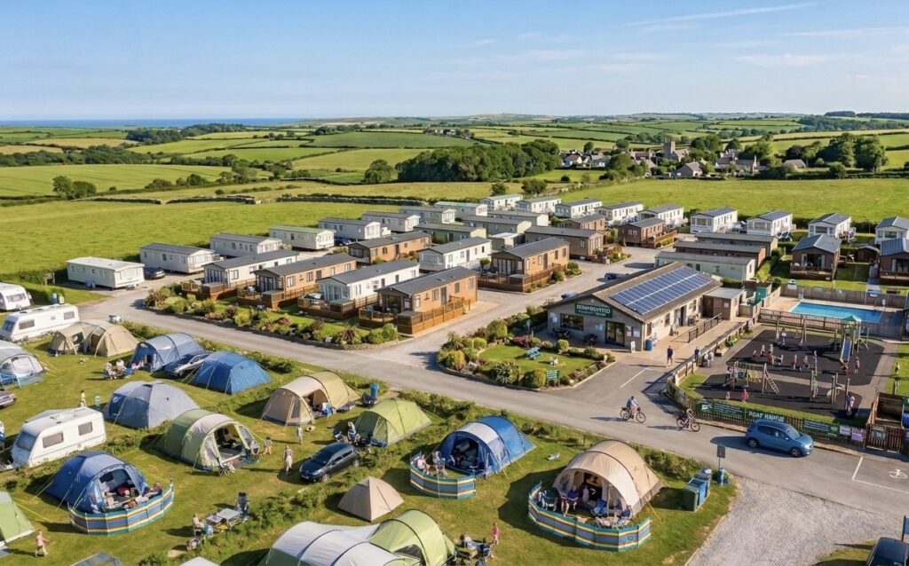 view of a campsite with tents and static caravans
