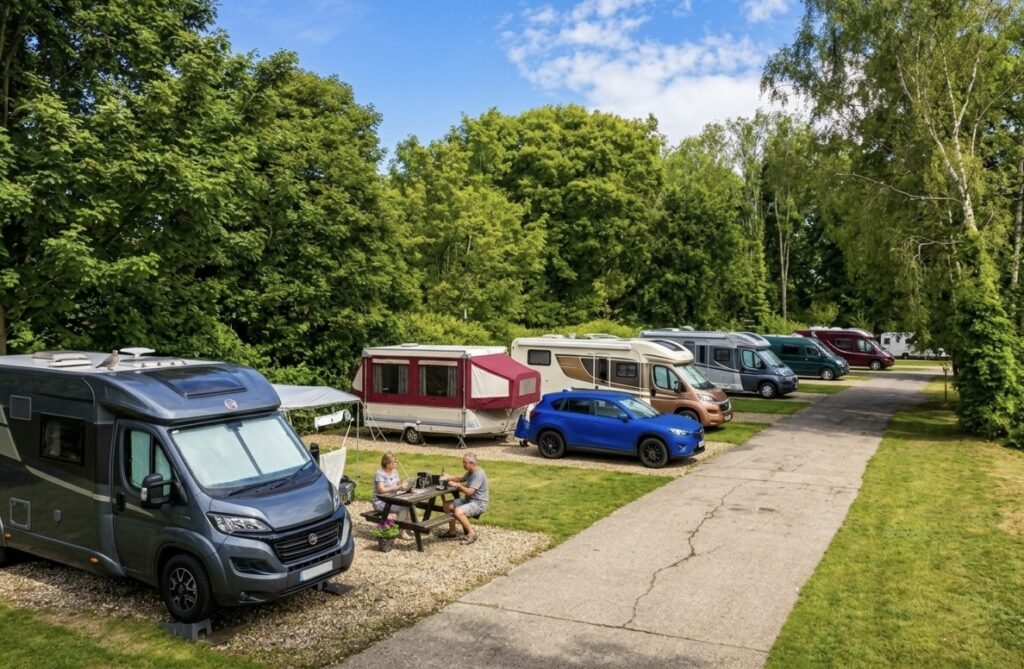 Touring caravans and motorhomes next to a grass campsite