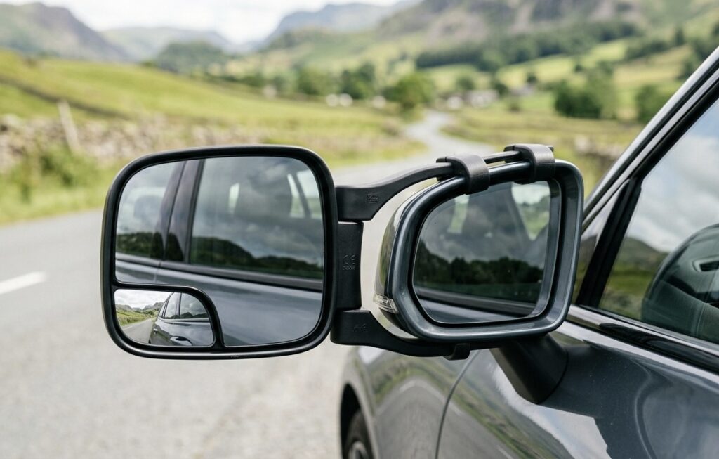 Car wing mirror with towing mirror attached