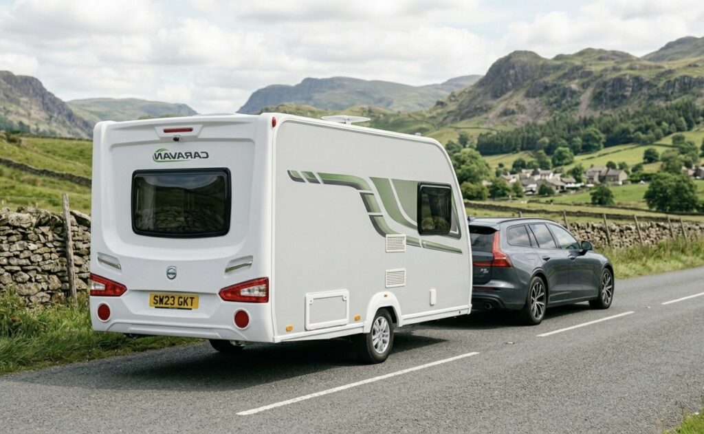 dnrkcoloured car towing a touring caravan