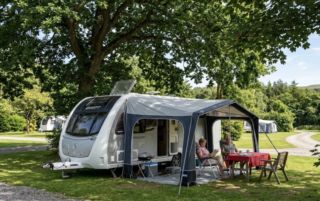 Caravan in the shade with awning out