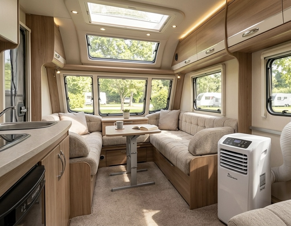 Inside of caravan with portable air conditioning unit