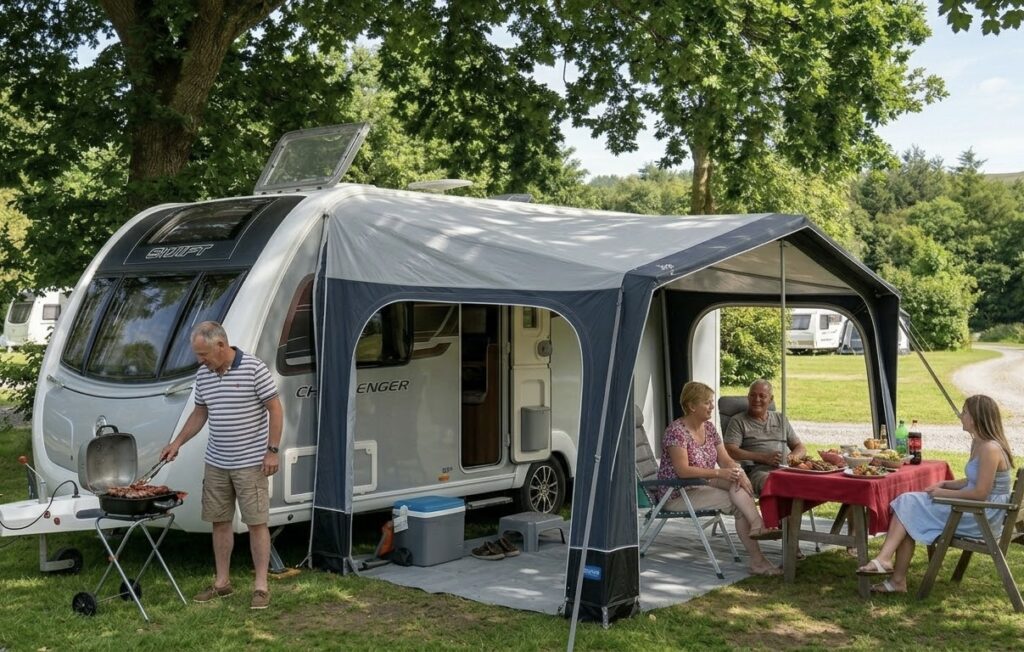 People having a bbq in the awning of a caravan