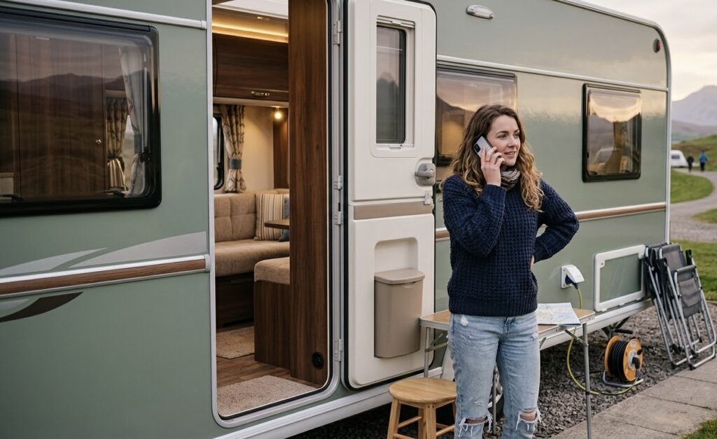 Person on the phone outside their caravan